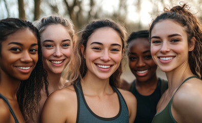 Fototapeta premium Mujeres jóvenes, atléticas y sonrientes posan juntas al aire libre, con ropa deportiva.Entorno natural,vitalidad y bienestar y un estilo de vida saludable orientado al fitness y bienestar.