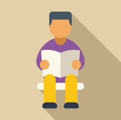 Young man reading newspaper while sitting and waiting, in a simple flat design with long shadow