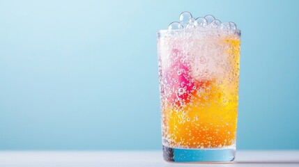 Sparkling citrus drink in glass, bubbles, blue background, refreshment