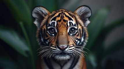 Fototapeta premium Cute tiger cub portrait, jungle foliage background, wildlife conservation