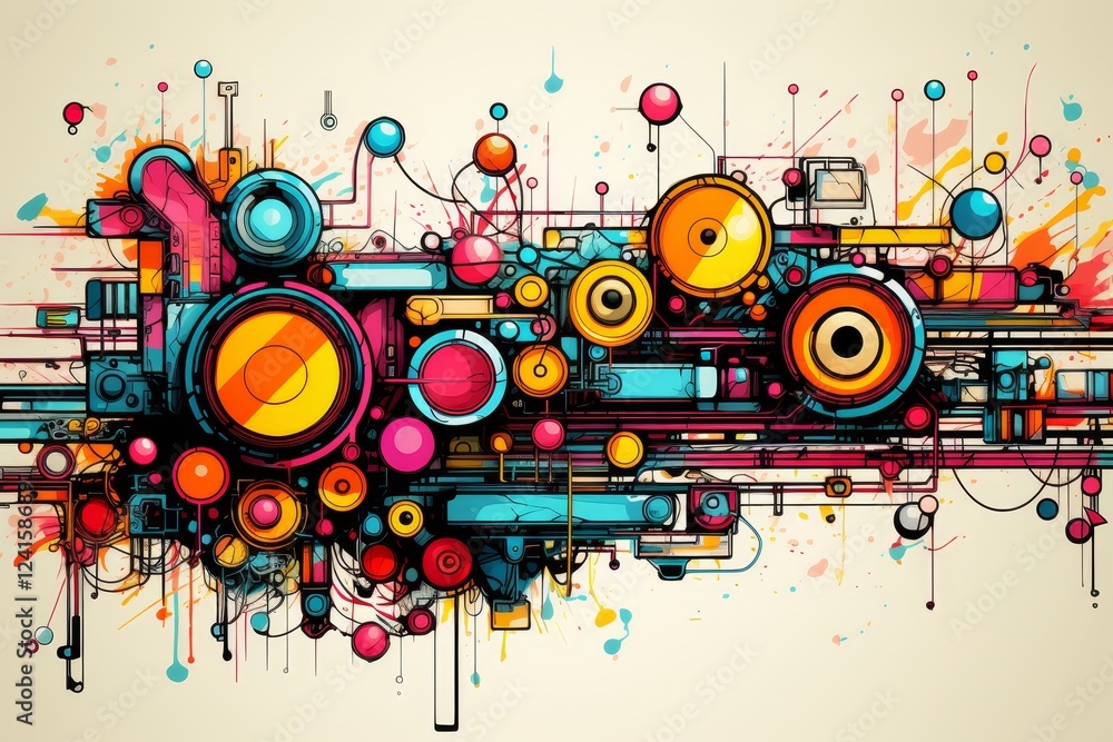 Poster abstract technical drawings with connected cylinders and curves in bright color on light background