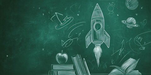 Creative rocket illustration on a chalkboard background with books, planets, and an apple, depicting a vibrant learning environment for young minds