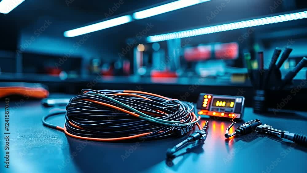 Poster a bundle of multi-colored wiring neatly coiled on a clean metallic workbench, surrounded by precisio