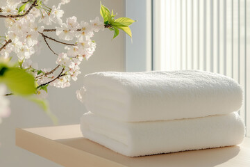 Towels on shelf with flowers in bright bathroom. Stack of soft towels with floral decor near window...