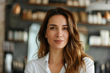 AI generated image of smiling beautiful woman getting hair styled at salon