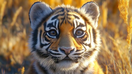 Cute tiger cub in autumn tall grass