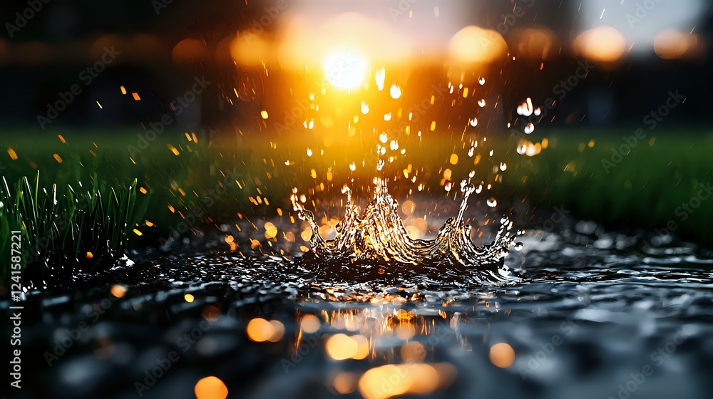 Poster water droplet splashing on wet surface during golden sunset, creating circular ripples with bokeh li