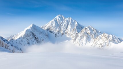 Fototapeta premium Snowy mountain peak, winter landscape, clear sky, travel postcard
