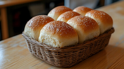 Fresh baked dinner rolls in wicker basket on table