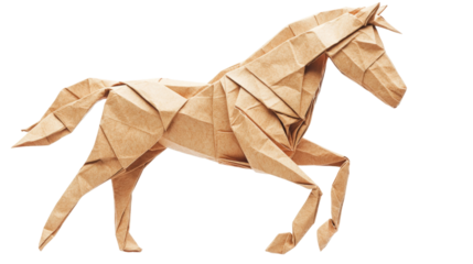 Brown origami horse trotting on transparent background