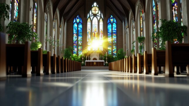 A church with stained glass windows and pews