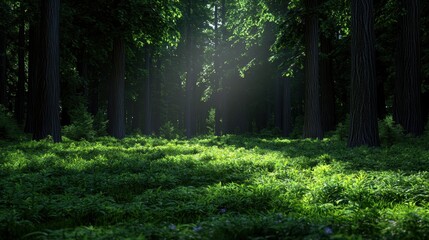 Obraz premium A forest with a lot of trees and grass