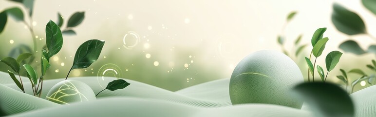 Futuristic minimalist mockup background with space for text featuring glowing eco-friendly symbols, smooth organic shapes, and a modern clean layout for Earth Day