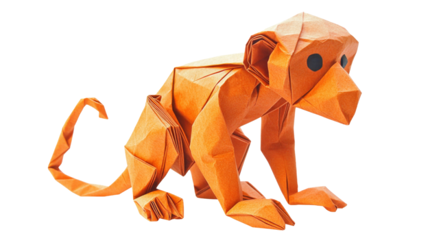 Orange origami monkey sitting on transparent background