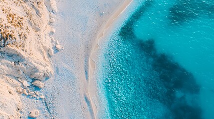 aerial view of a sandy beach with white sand and clear blue water 