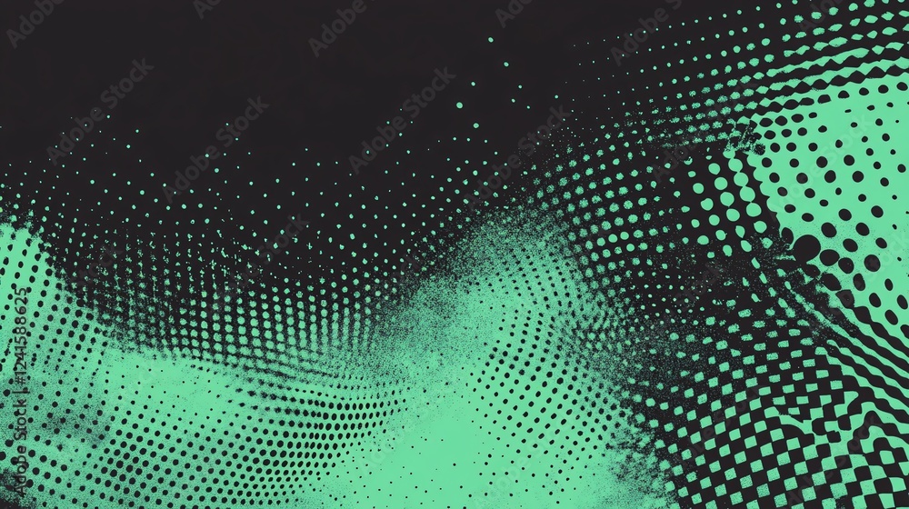 Poster abstract design featuring a gradient of green dots on a dark background, creating a dynamic and mode