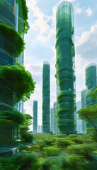 Futuristic sustainable city concept, Neo-Cyber Green Cities, metropolises, transparent biofiber skyscrapers, AI systems to optimize energy use, waste recycling, air purification, green eco city, plant