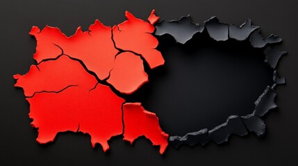 Fractured Perspectives: A high-angle shot of a split, abstract map with a striking contrast, with red and black fragmented segments, set against a dark backdrop symbolizing division and disarray.