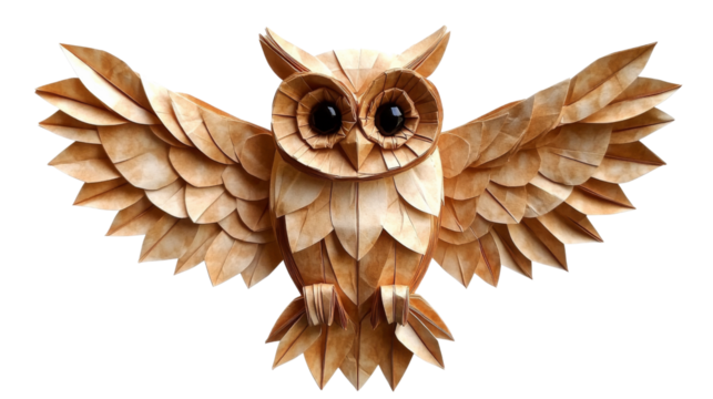Origami owl spreading wings on transparent background