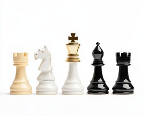 Abstract chessboard with key strategic pieces highlighted in gold, isolated on white background