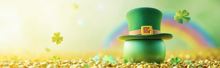 A bright yellow-green gradient with a rainbow, leprechaun hat, and a cheerful cartoon-style pot of gold, playful and fun mockup for Saint Patricks Day with space for text