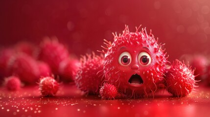 Playful cartoon rambutan with a surprised look, red background with spikes