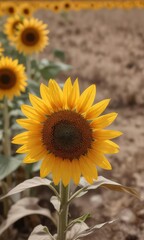 Fototapeta premium Dry sunflower flowers and seeds in a dry field after harvest, sunflowers, rural scene, barren landscape