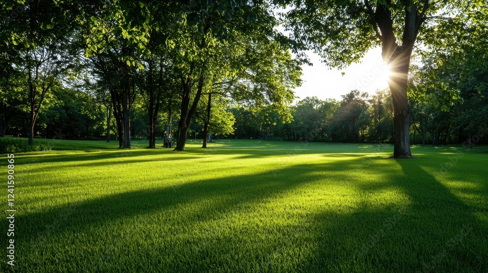 Poster a large open field with a tree in the middle and a sun shining on it