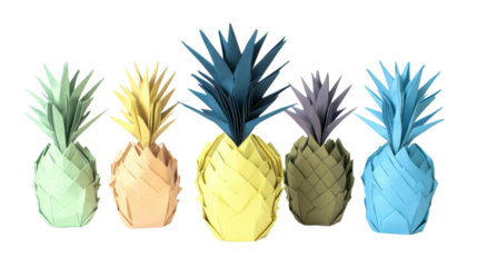 Colorful origami pineapples on transparent background