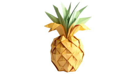 Origami pineapple with green leaves on transparent background
