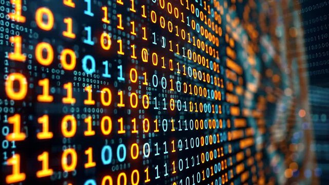 Colorful binary code with glowing digits on a dark background.