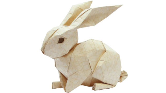 Detailed origami rabbit sculpture with a clear background