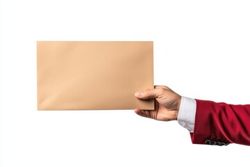 Obraz premium A person in a red suit handing over a blank envelope, symbolizing communication and exchange.