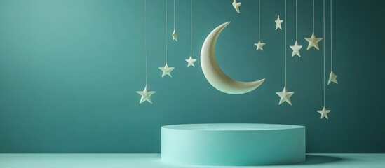 Moon, stars, platform, teal backdrop, product display
