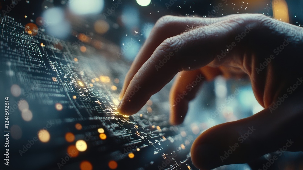 Poster close up of engineer's hand touching interactive digital interface with glowing lines and particles,