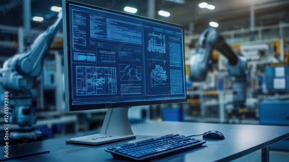 Poster inside modern factory, computer displaying complex software and blueprints manages automated industr