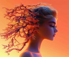 Artistic portrait of a woman with flowing hair resembling tree branches