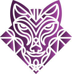 Intricate fox design in purple featuring geometric and tribal-inspired patterns with symmetrical details. Perfect for branding or decor.