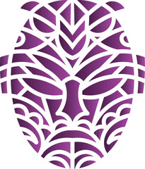Abstract tribal mask design in purple featuring symmetrical geometric and decorative patterns. Perfect for cultural, decor, or artistic themes.
