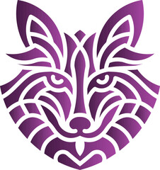 Abstract wolf logo in purple featuring geometric and tribal patterns with bold, symmetrical lines. Perfect for branding or design.