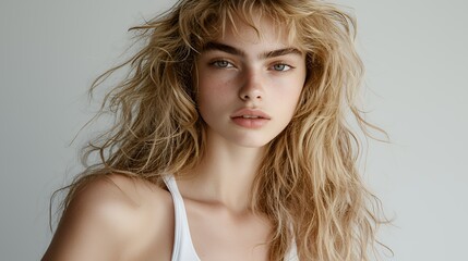 Naklejka premium portrait of a beautiful young woman with long hair blowing around her face 