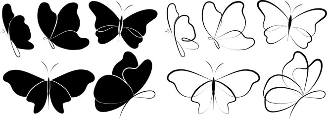 Hand draw butterfly. Black butterfly silhouette with white linear and black linear butterfly, without background. Vector illustration. EPS 10.
