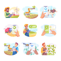 Fototapeta premium Farming Technology with Farmer Managing Farm with Mobile App on Tablet Vector Set