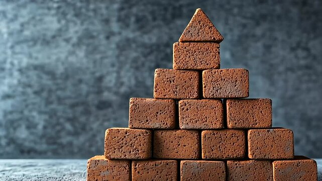 A pyramid stack of bricks with embossed abstract patterns, set on a minimalist concrete background, symbolizing strength and aesthetic appeal.