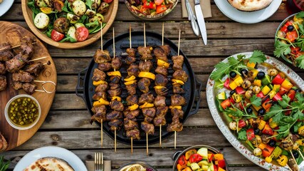 A vibrant Mediterranean dinner spread featuring tasty kebabs, fresh salads, and flavorful sides shared among friends in a cozy outdoor setting during a warm evening - Powered by Adobe