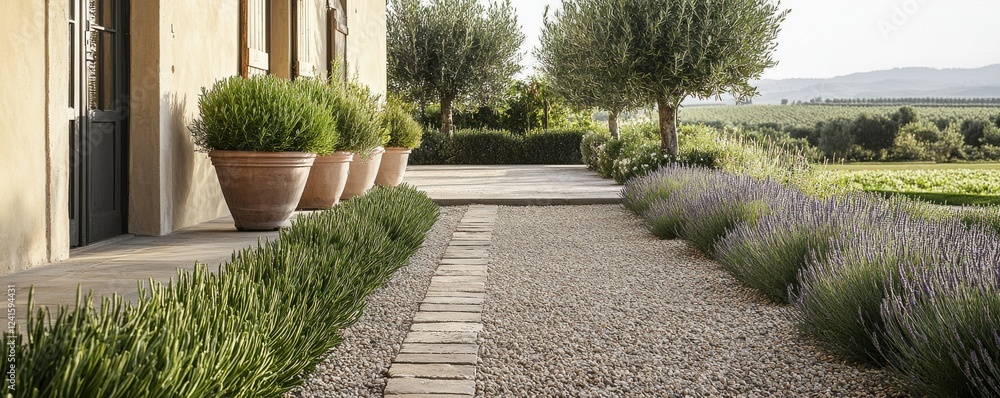 Poster creating a tranquil gravel path with mediterranean garden style