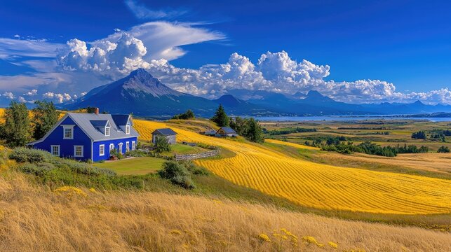 Blue house on golden field, mountain view