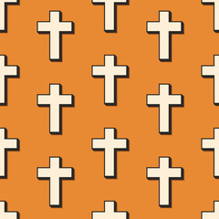 Minimalist isometric christian crosses vector seamless pattern. White religious symbols with shadows on orange background.