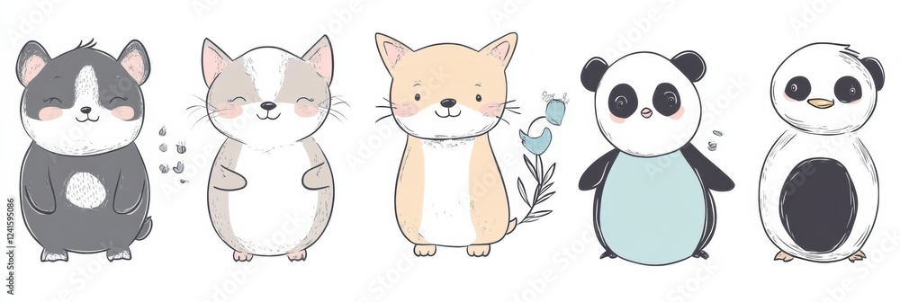 Poster cute animal stickers featuring diverse characters with playful designs in pastel colors for creative