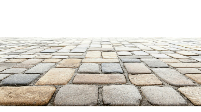 Cobblestone pavement texture on transparent background creating ideal backdrop